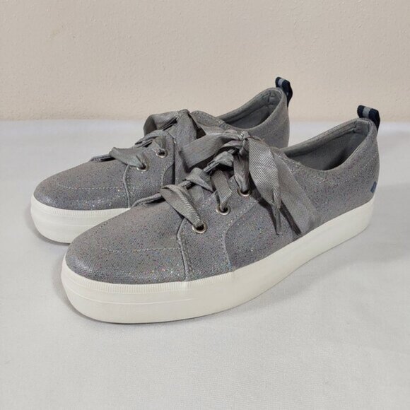 Sperry Crest Vibe Silver Sparkle Ribbon Topsider Sneaker - Excellent Cond - 3.5 - Picture 2 of 11